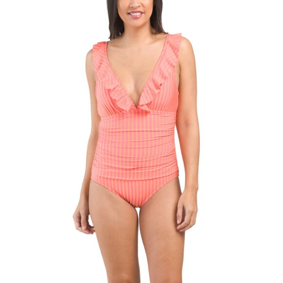 ELLEN TRACY Other - ELLEN TRACY Hot Peach Ruffle Plunge One-piece Swimsuit
